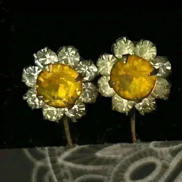 Jewelry - Vintage 1940s daisy rhinestone screwback sterling earrings